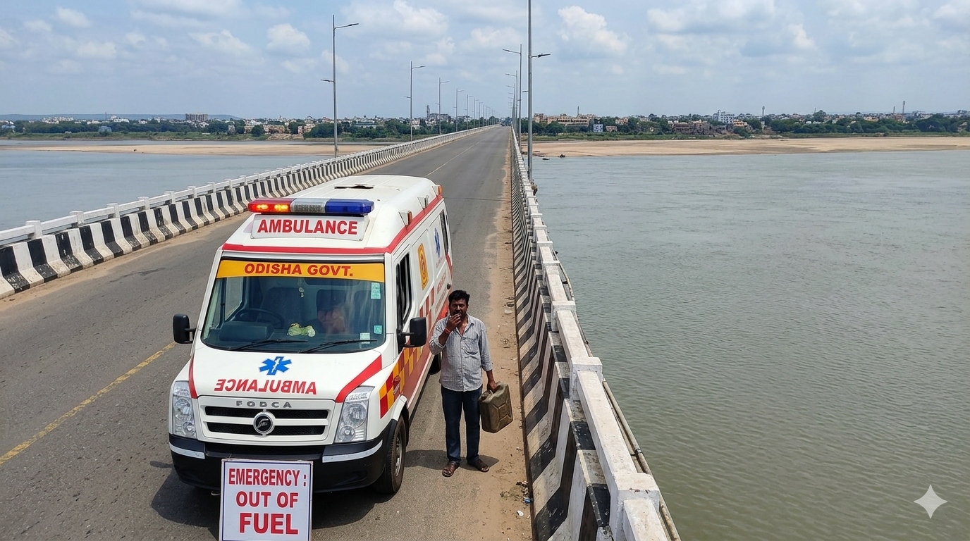 କାଠଯୋଡ଼ି ପୋଲ ଉପରେ ଆମ୍ବୁଲାନ୍ସରୁ ସରିଗଲା ପେଟ୍ରୋଲ, ସମୟରେ ହସ୍ପିଟାଲ ପହଞ୍ଚି ନପାରି  ଚାଲିଗଲା ଜୀବନ